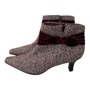 Predictions Y2K Victorian Preppy Tweed Hounds Tooth Pointy Toe Ankle Boot Bow 8